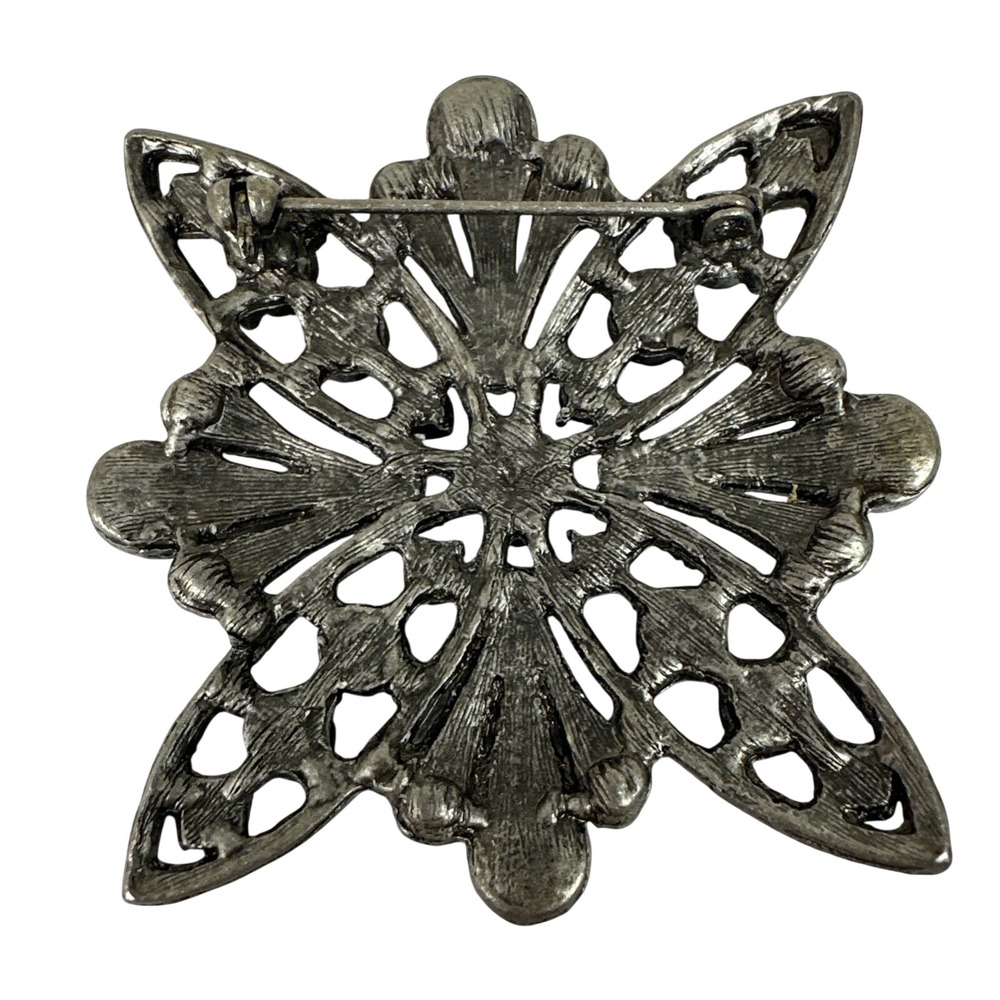 Vintage Blue Rhinestone Floral Brooch Silver Tone Starburst Pin - Picture 3 of 4